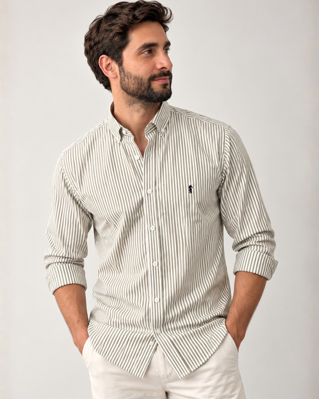 Camisa 100% Algodón Manga Larga Rayas Oliva