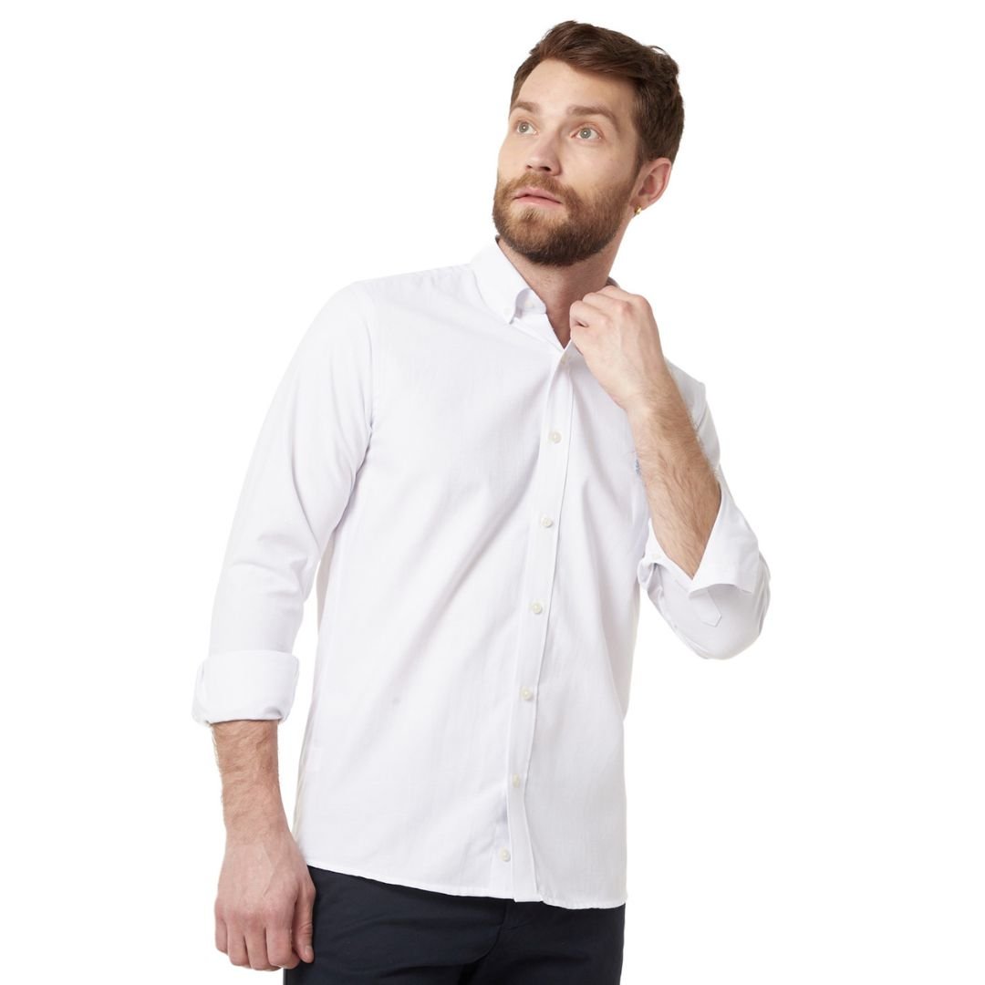 Camisa Manga Larga Oxford Premium Blanca contraste en cuello
