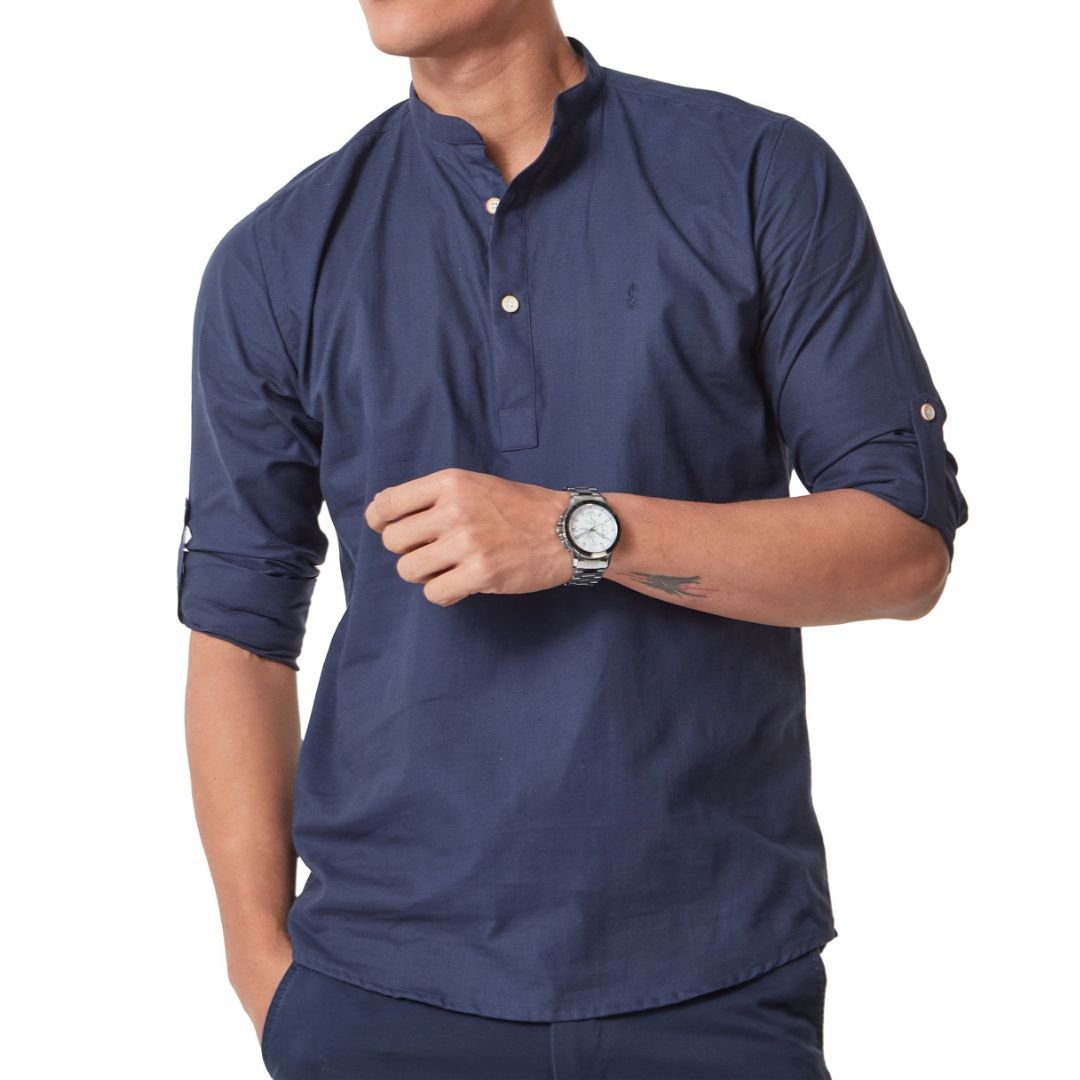 Camisa Manga Larga Cuello Mao Camiseta Azul Oscuro