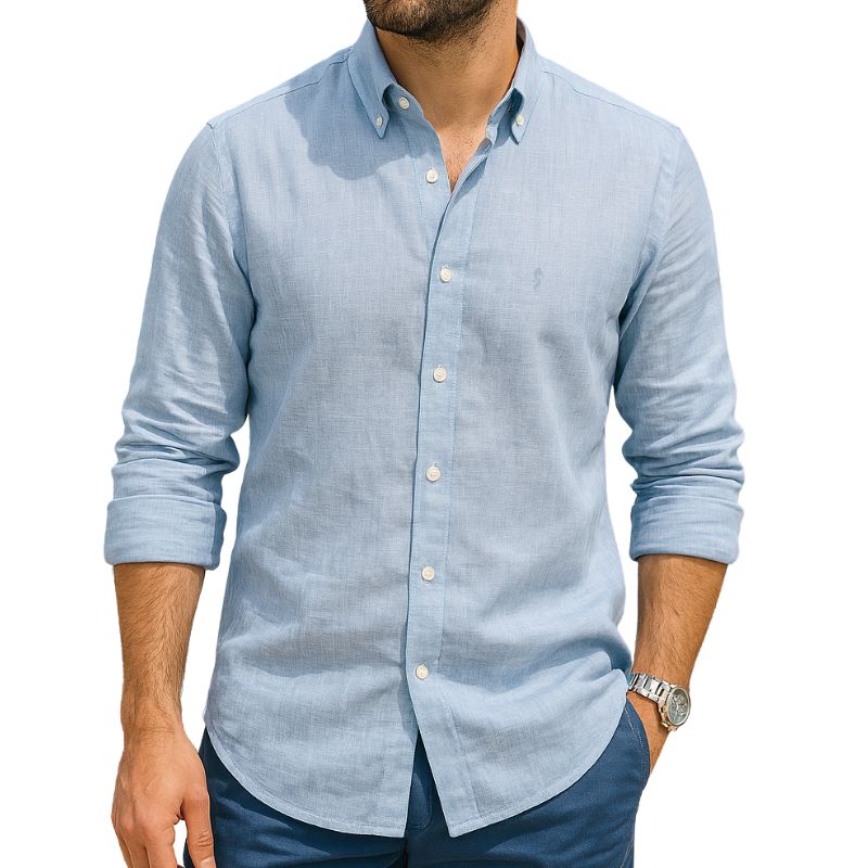 Camisa Manga Larga 100% Algodón tipo Lino Azul Claro