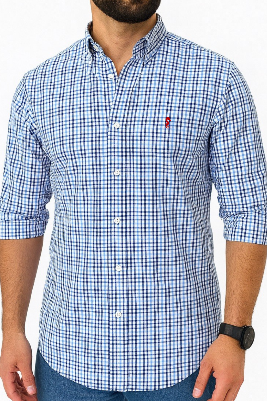 Camisa Manga Larga Cuadros Azul Tres Tonos