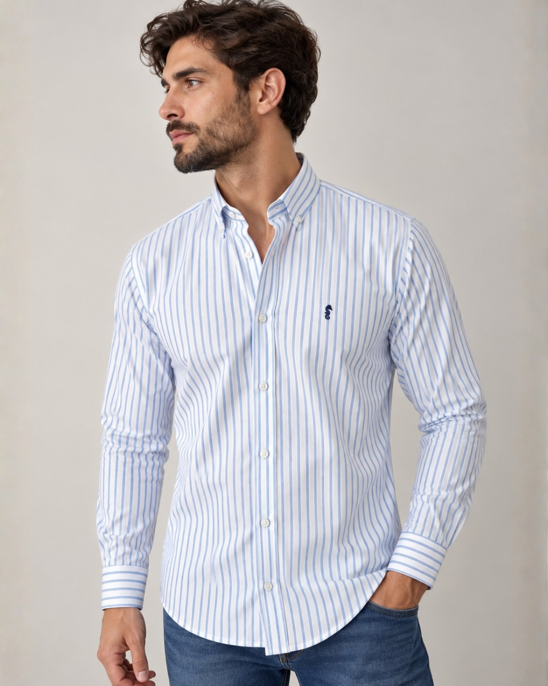 Camisa 100% Algodón Manga Larga Blanca Rayas Azules Finas