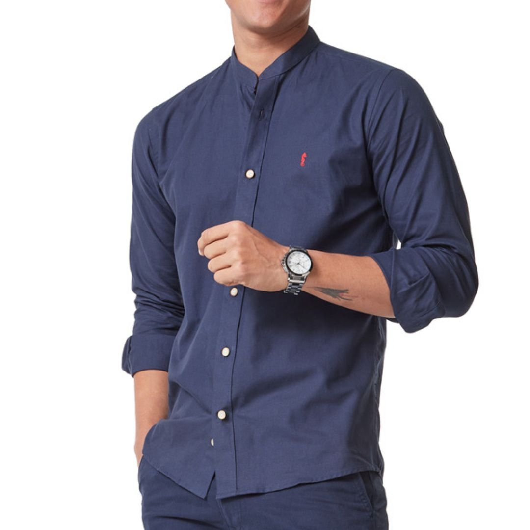 Camisa Manga Larga Cuello Mao Azul Oscuro