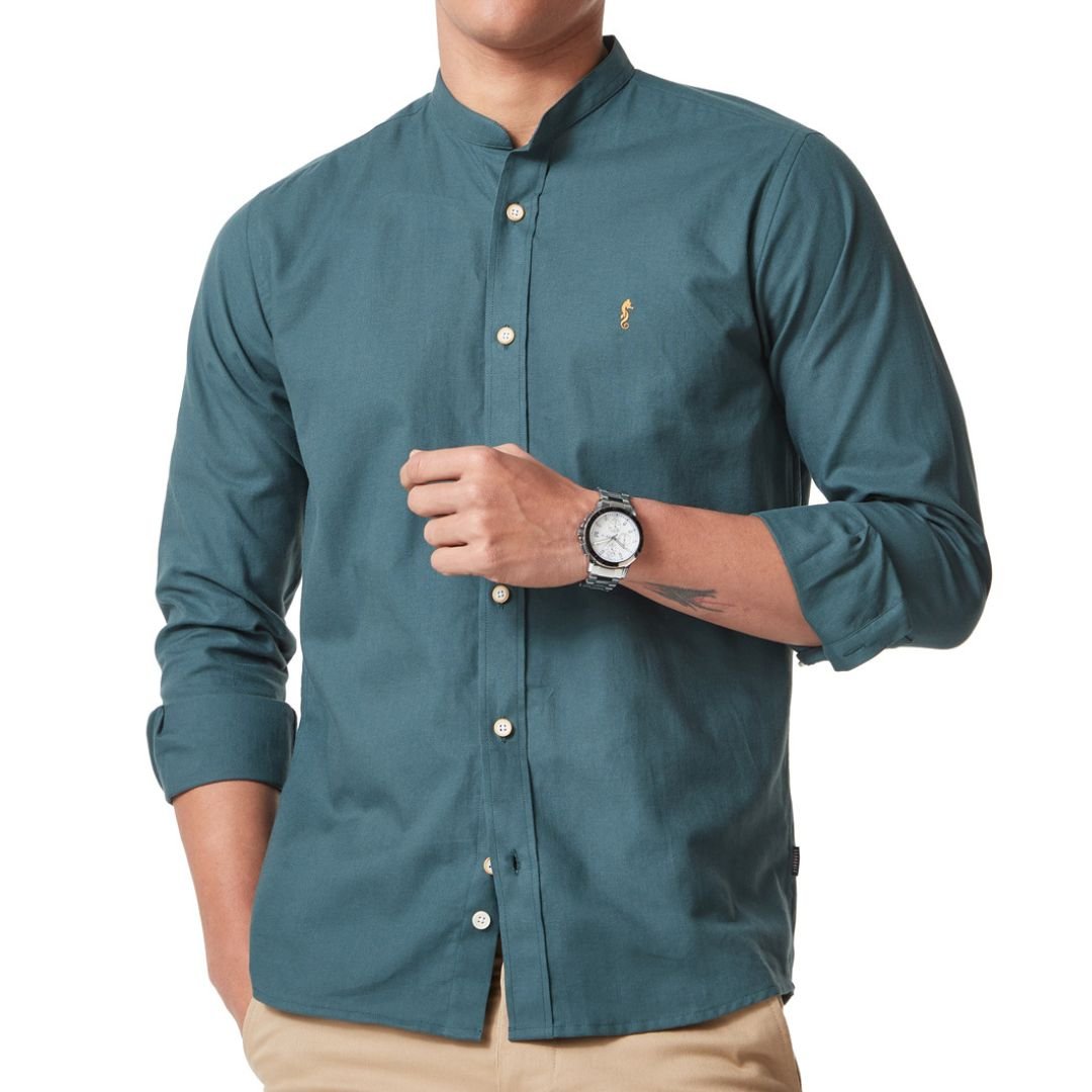 Camisa Manga Larga Cuello Mao Verde Oscuro