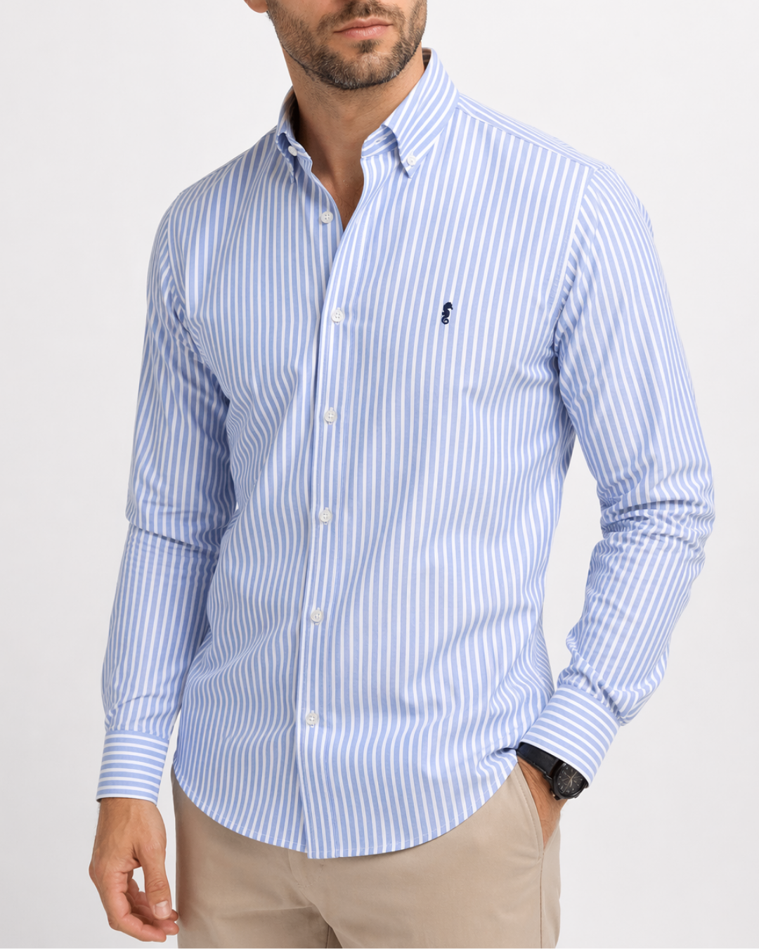 Camisa 100% Algodón Manga Larga Azul Claro Rayas Blancas