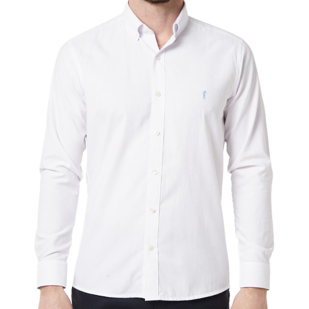 Camisa Manga Larga Oxford Premium Blanca contraste en cuello