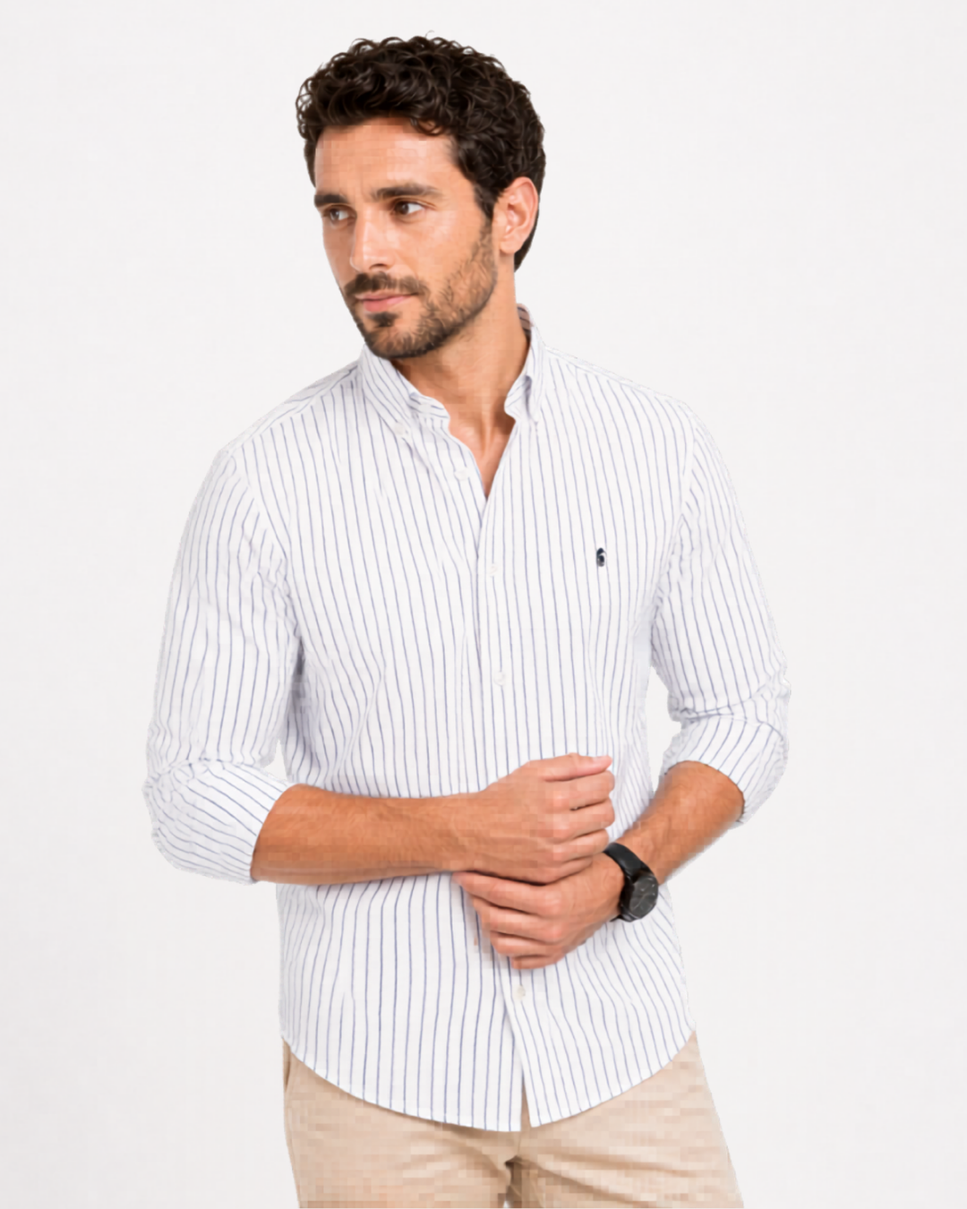 Camisa 100% Algodón Manga Larga Blanca Rayas Azul