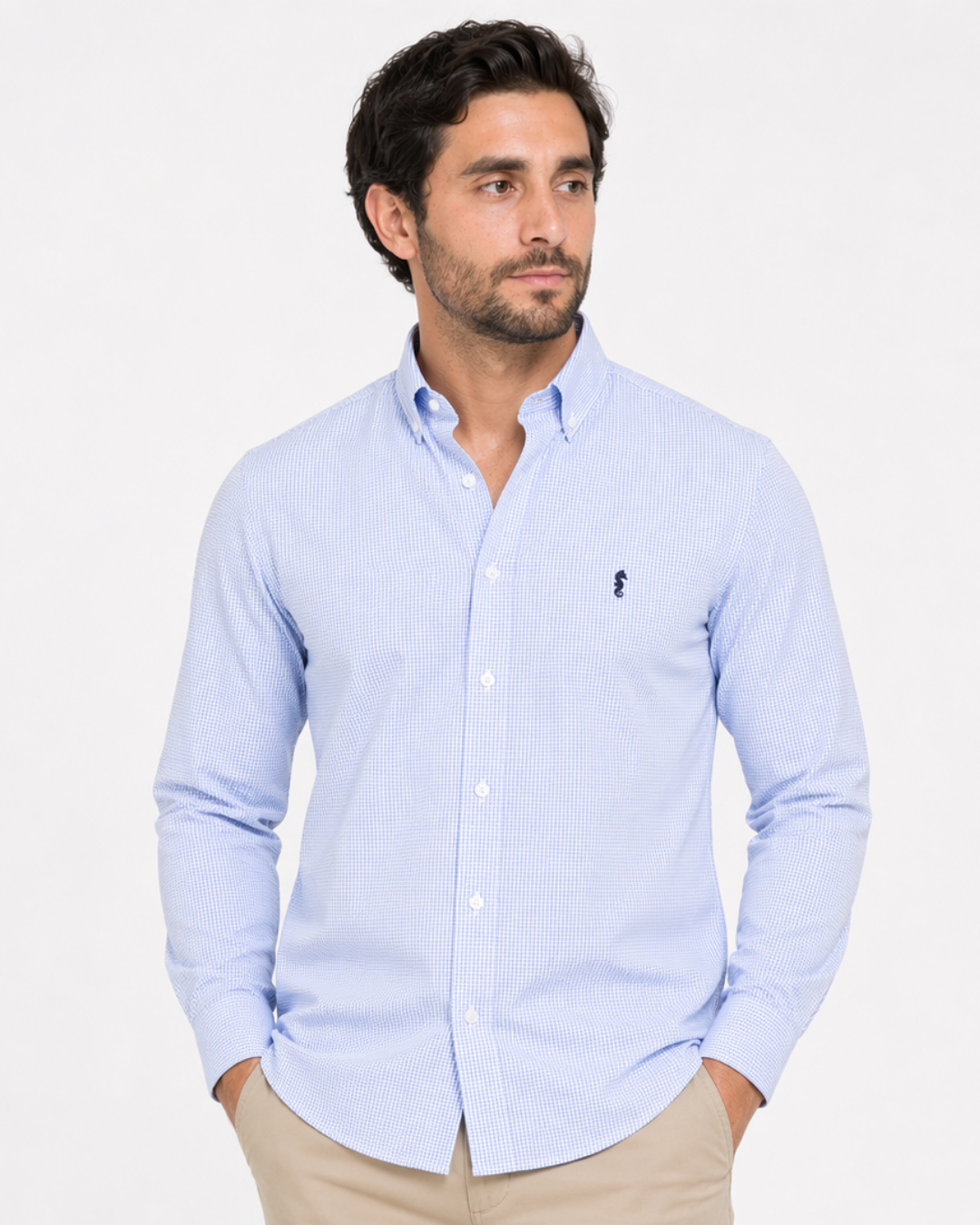 Camisa 100% Algodón Manga Larga Cuadros Azul Claro