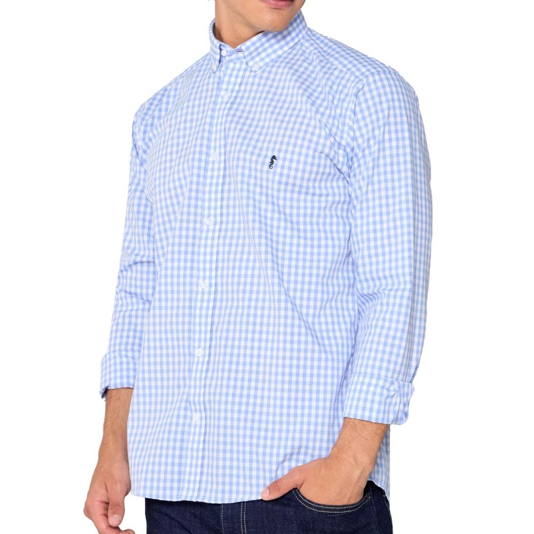 Camisa Manga Larga Maxi Cuadros Azul Claro