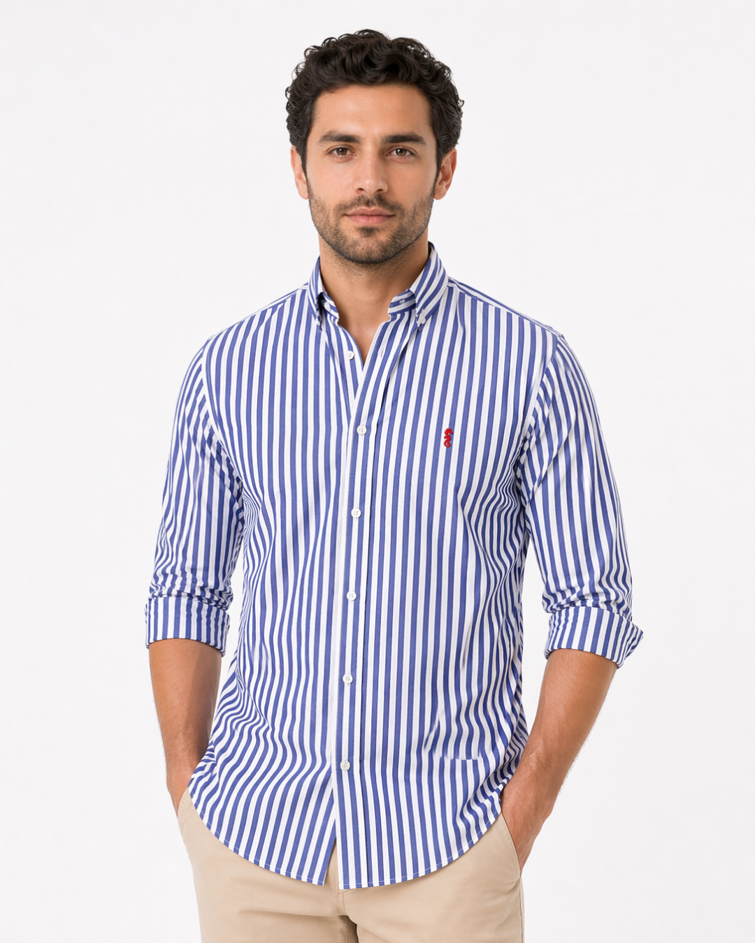 Camisa 100% Algodón Manga Larga Maxi Rayas Azul Oscuro
