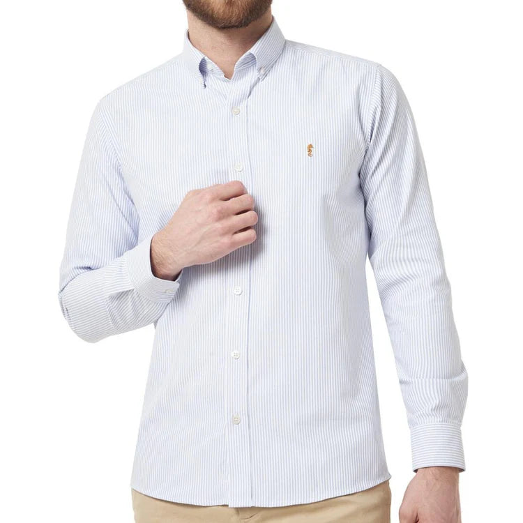 Camisa Manga Larga Oxford Larga Rayas Azul Claro