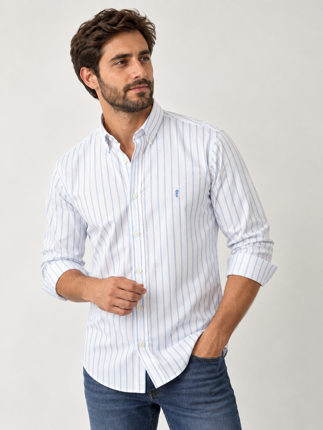 Camisa 100% Algodón Manga Larga Blanca Rayas Azul Claro