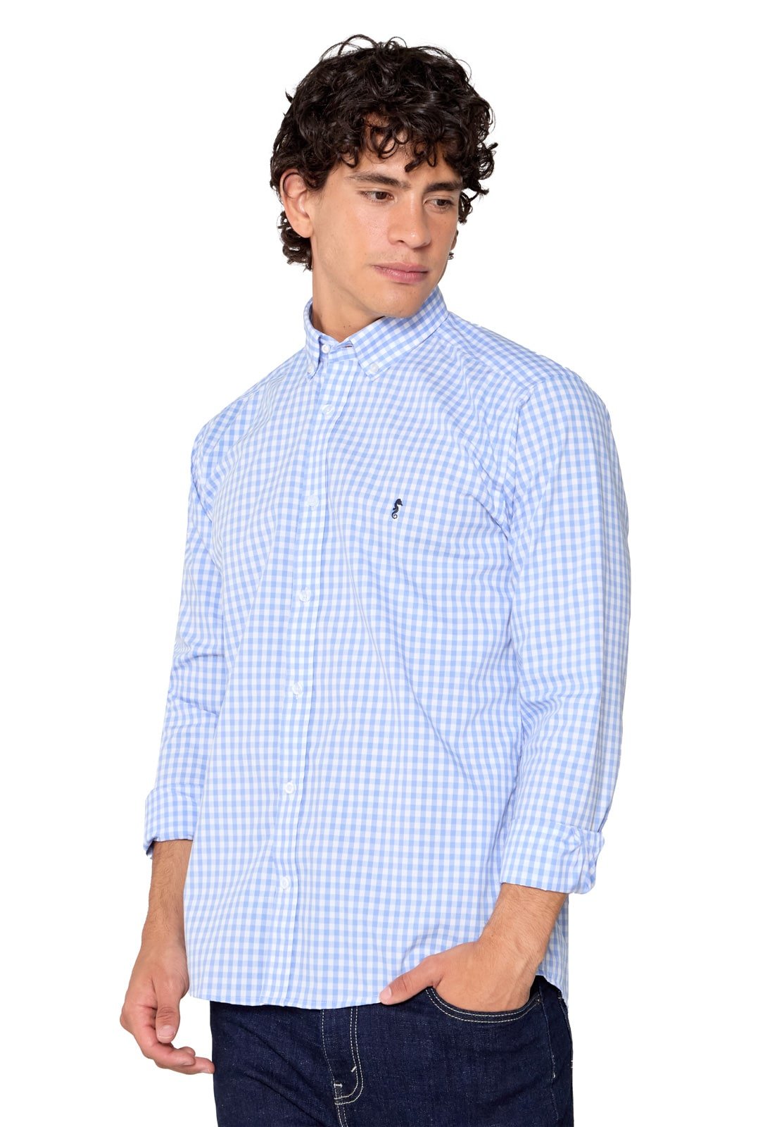 Camisa Manga Larga Maxi Cuadros Azul Claro