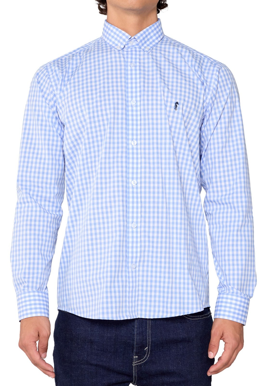 Camisa Manga Larga Maxi Cuadros Azul Claro