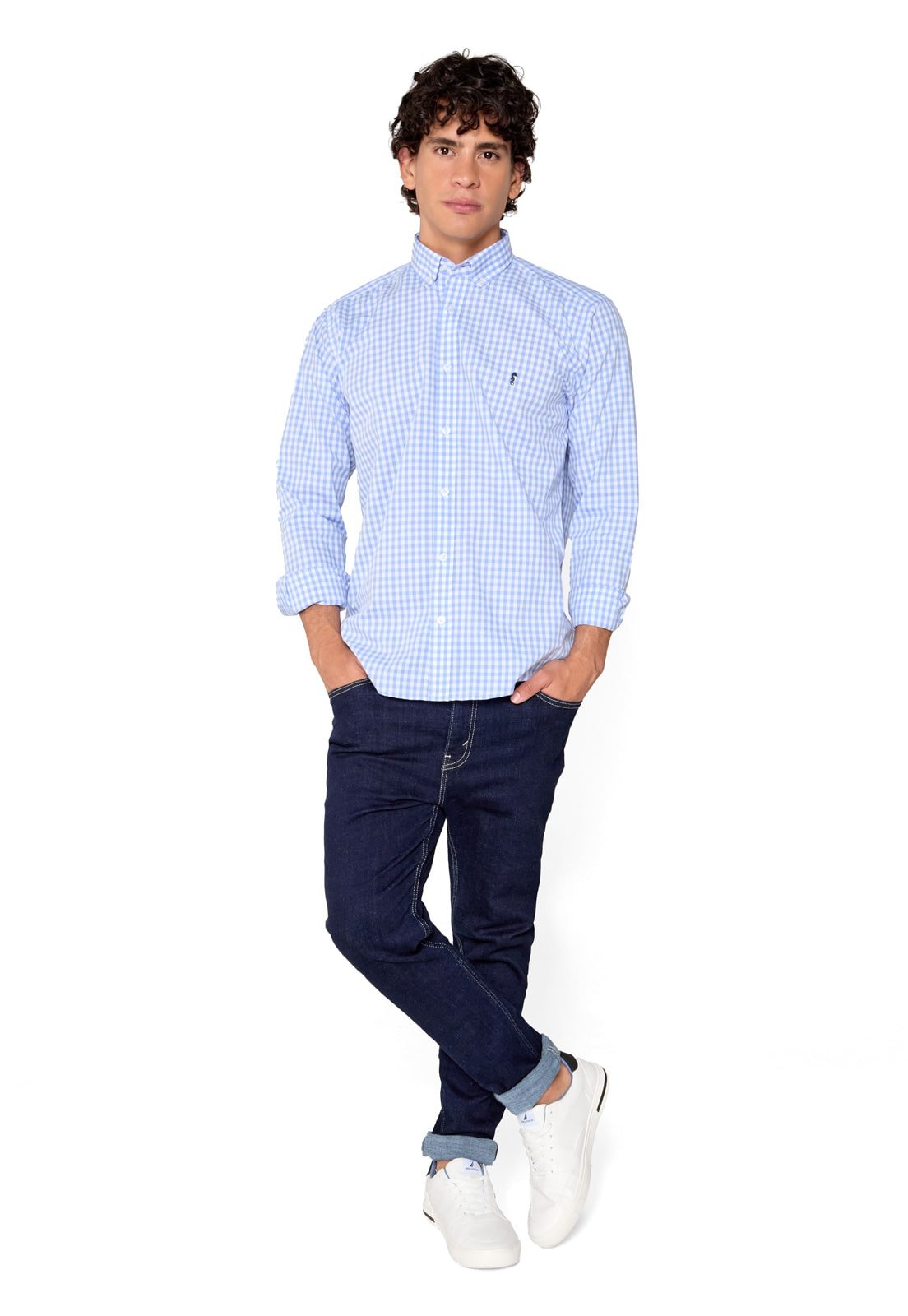 Camisa Manga Larga Maxi Cuadros Azul Claro