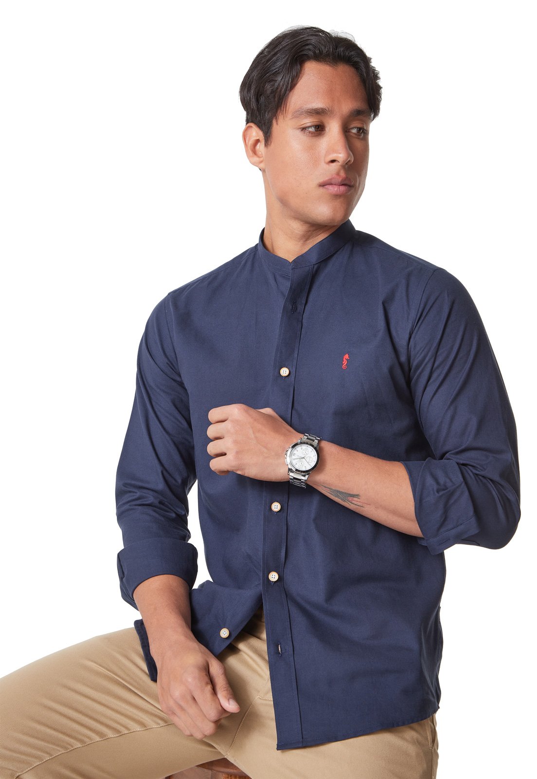 Camisa Manga Larga Cuello Mao Azul Oscuro