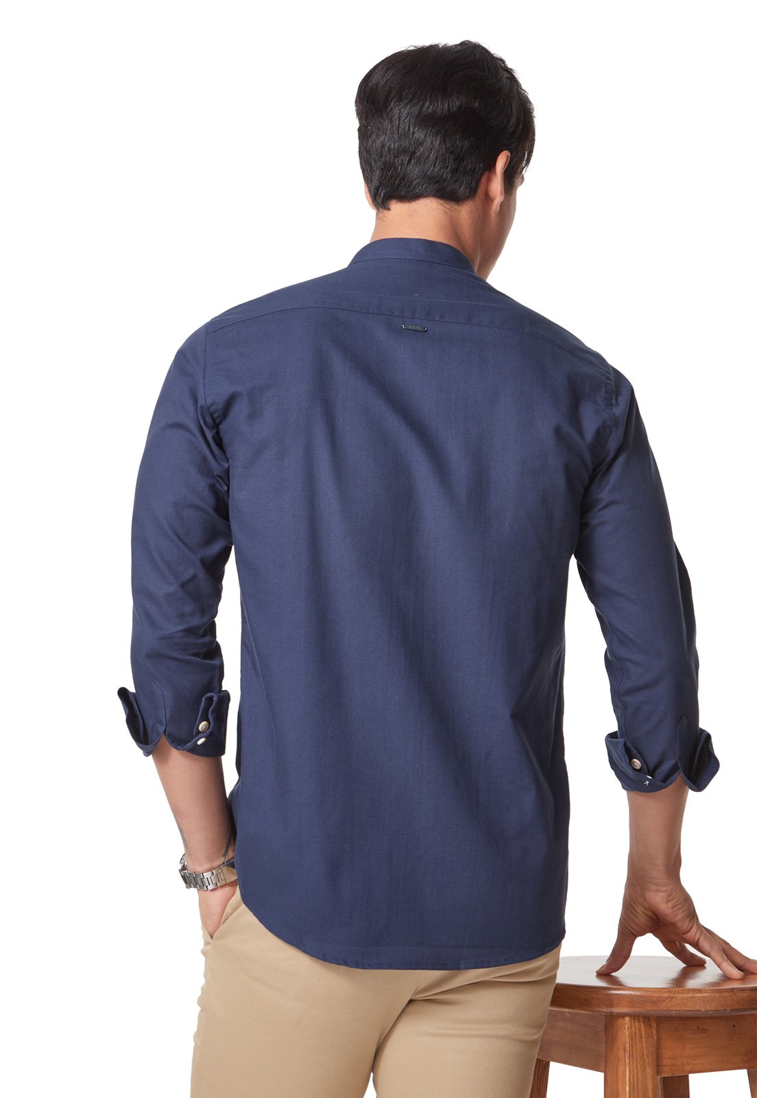 Camisa Manga Larga Cuello Mao Azul Oscuro