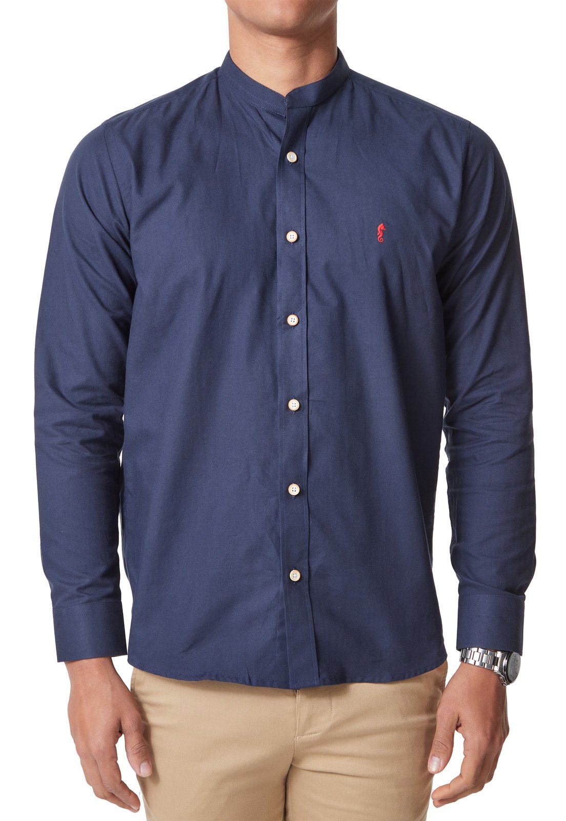 Camisa Manga Larga Cuello Mao Azul Oscuro