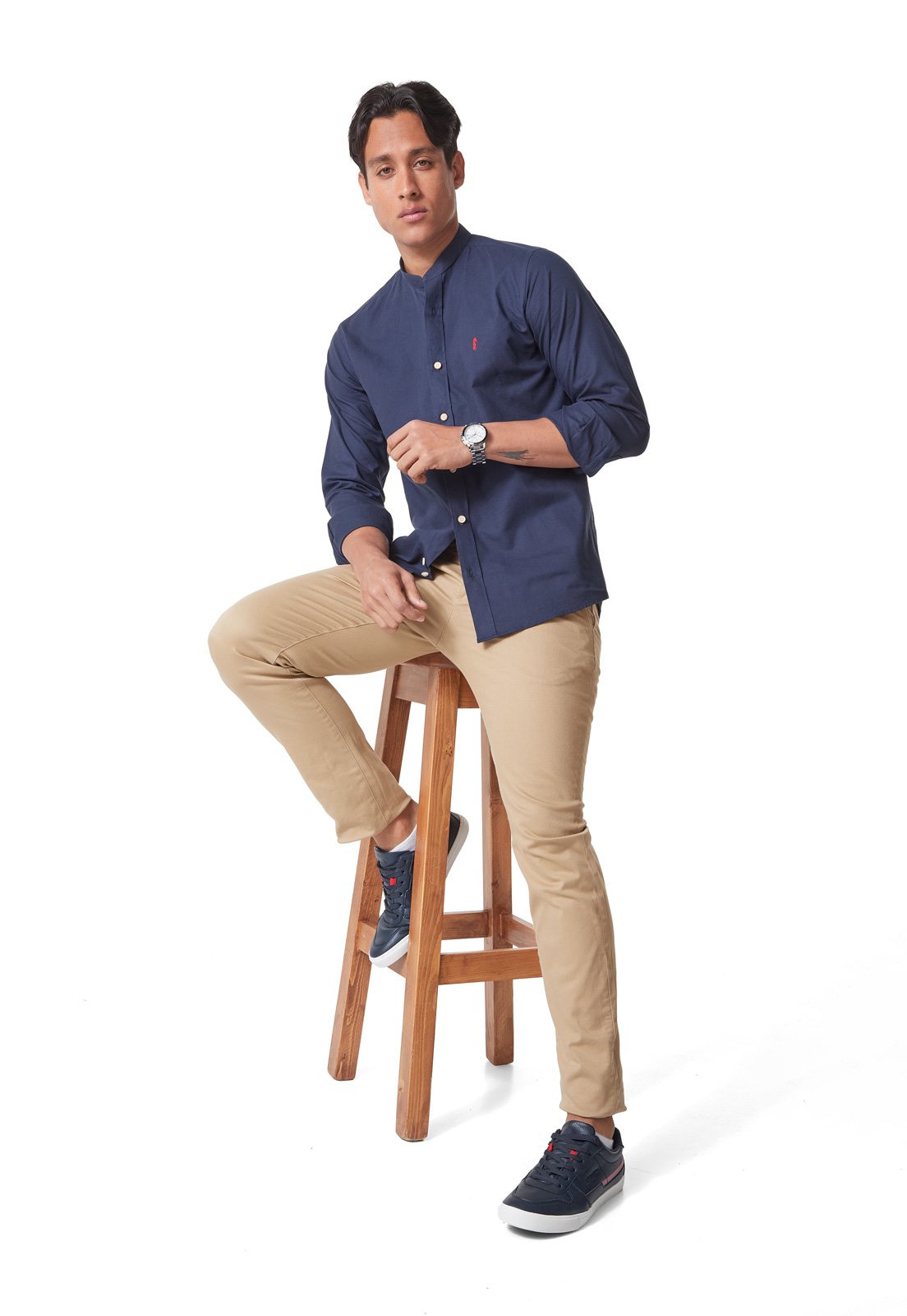 Camisa Manga Larga Cuello Mao Azul Oscuro