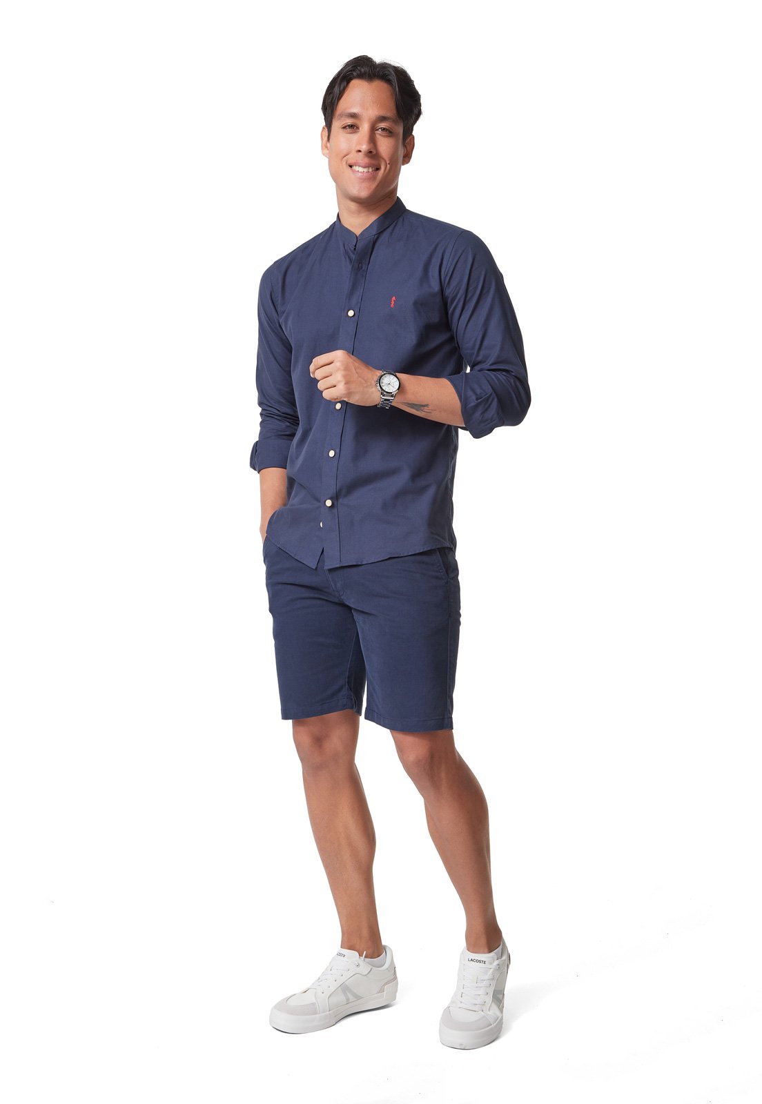 Camisa Manga Larga Cuello Mao Azul Oscuro
