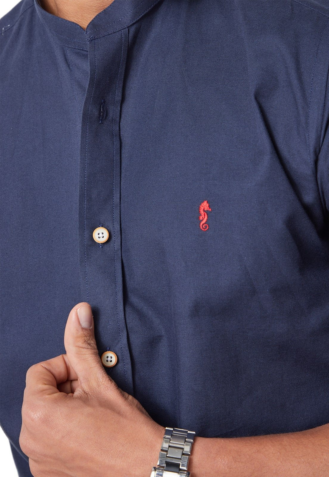 Camisa Manga Larga Cuello Mao Azul Oscuro