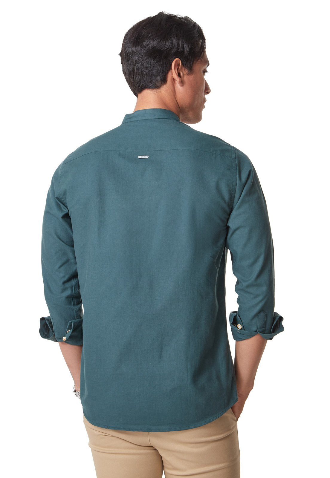 Camisa Manga Larga Cuello Mao Verde Oscuro