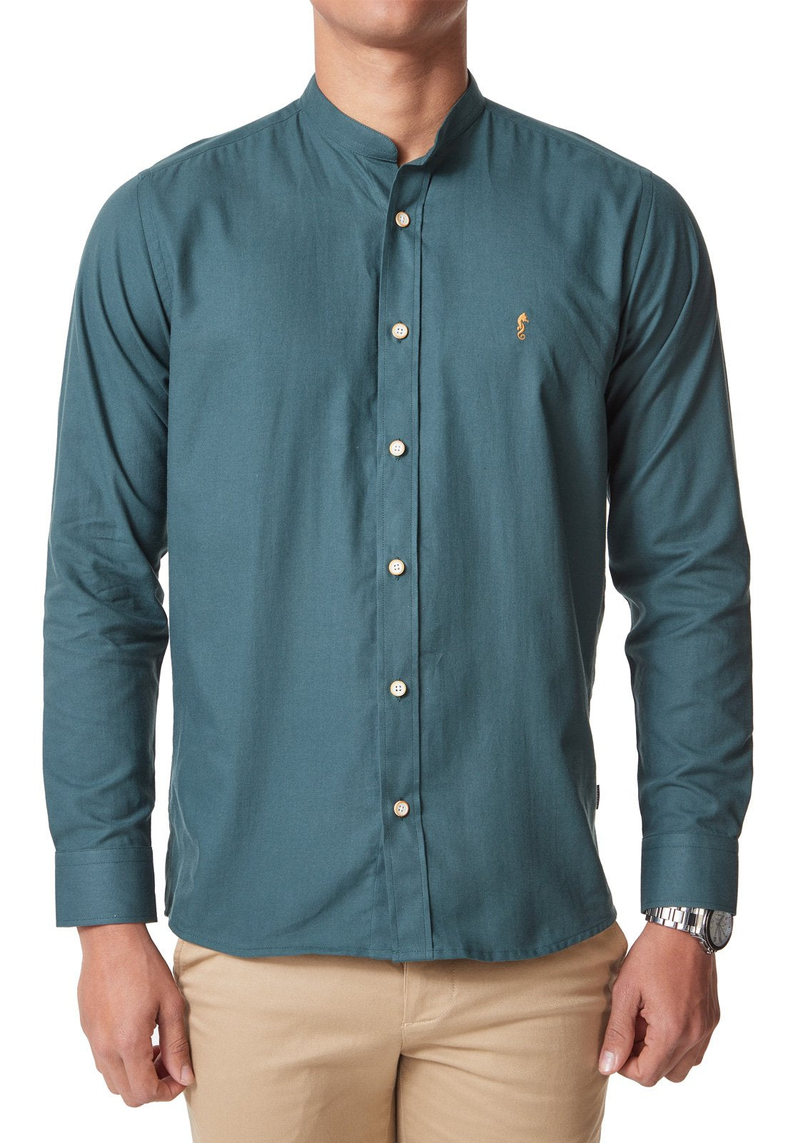 Camisa Manga Larga Cuello Mao Verde Oscuro