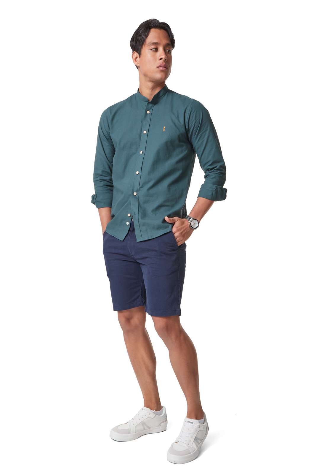 Camisa Manga Larga Cuello Mao Verde Oscuro