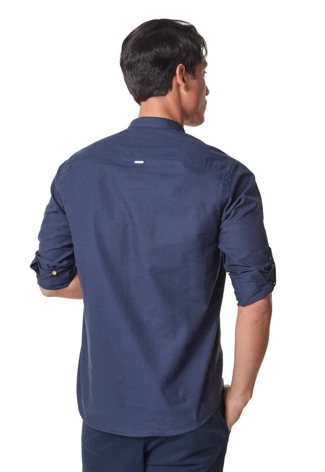 Camisa Manga Larga Cuello Mao Camiseta Azul Oscuro