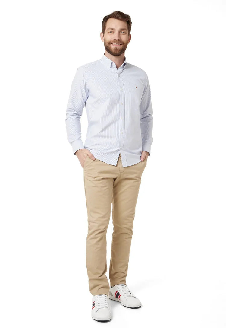 Camisa Manga Larga Oxford Larga Rayas Azul Claro