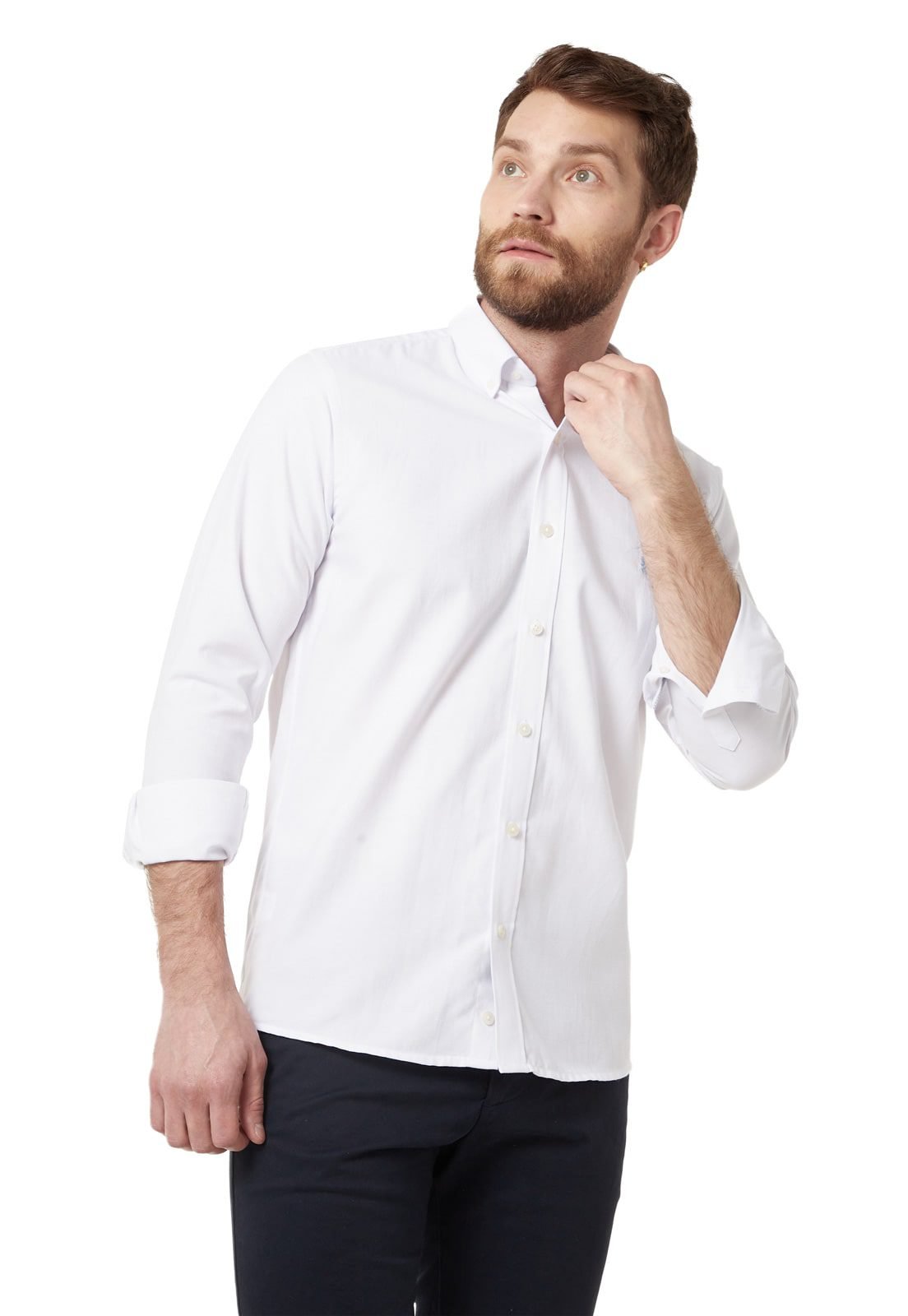 Camisa Manga Larga Oxford Premium Blanca contraste en cuello