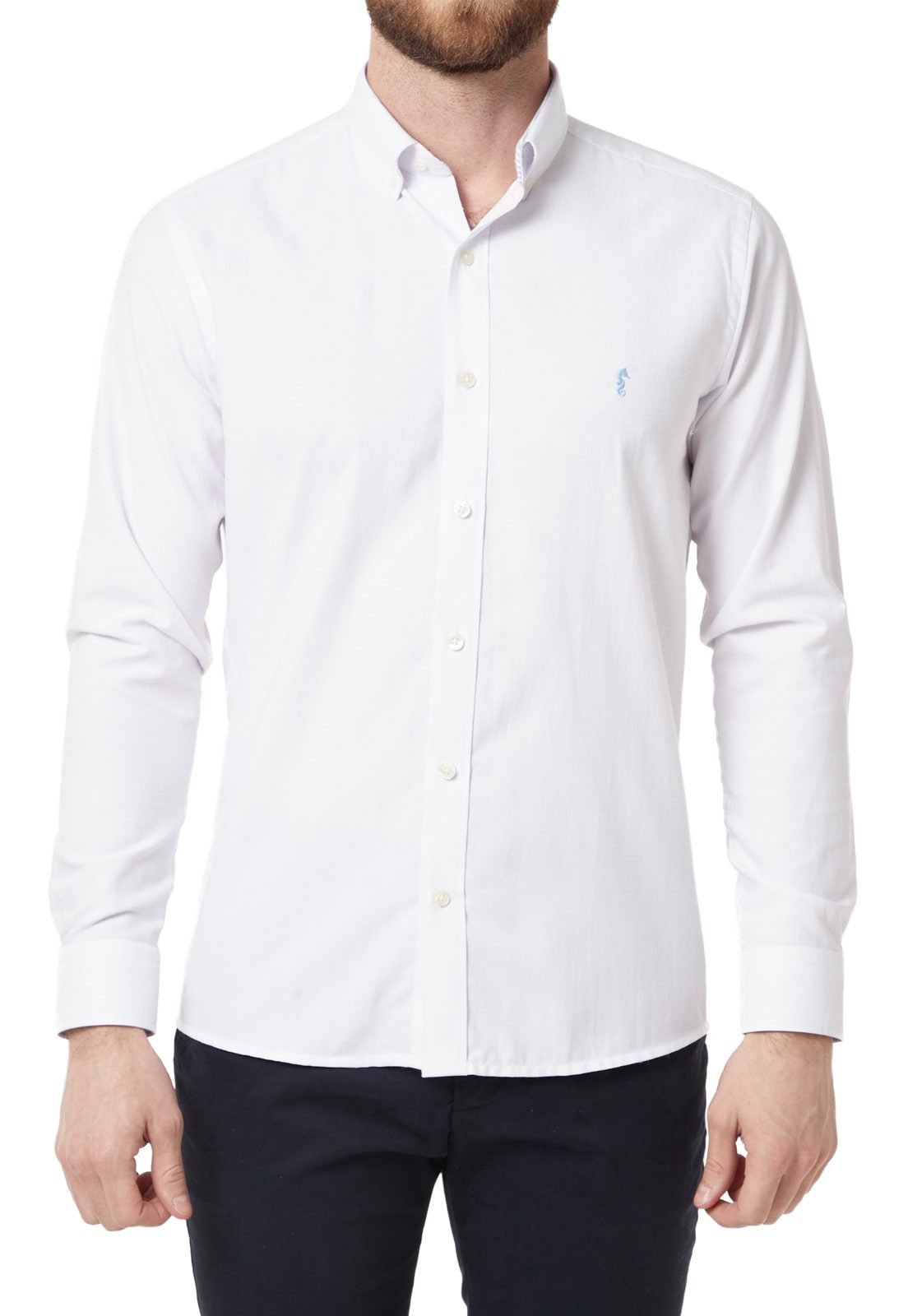 Camisa Manga Larga Oxford Premium Blanca contraste en cuello