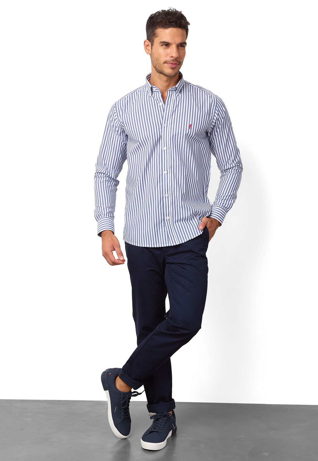 Camisa Manga Larga Maxi Rayas Azul Oscuro