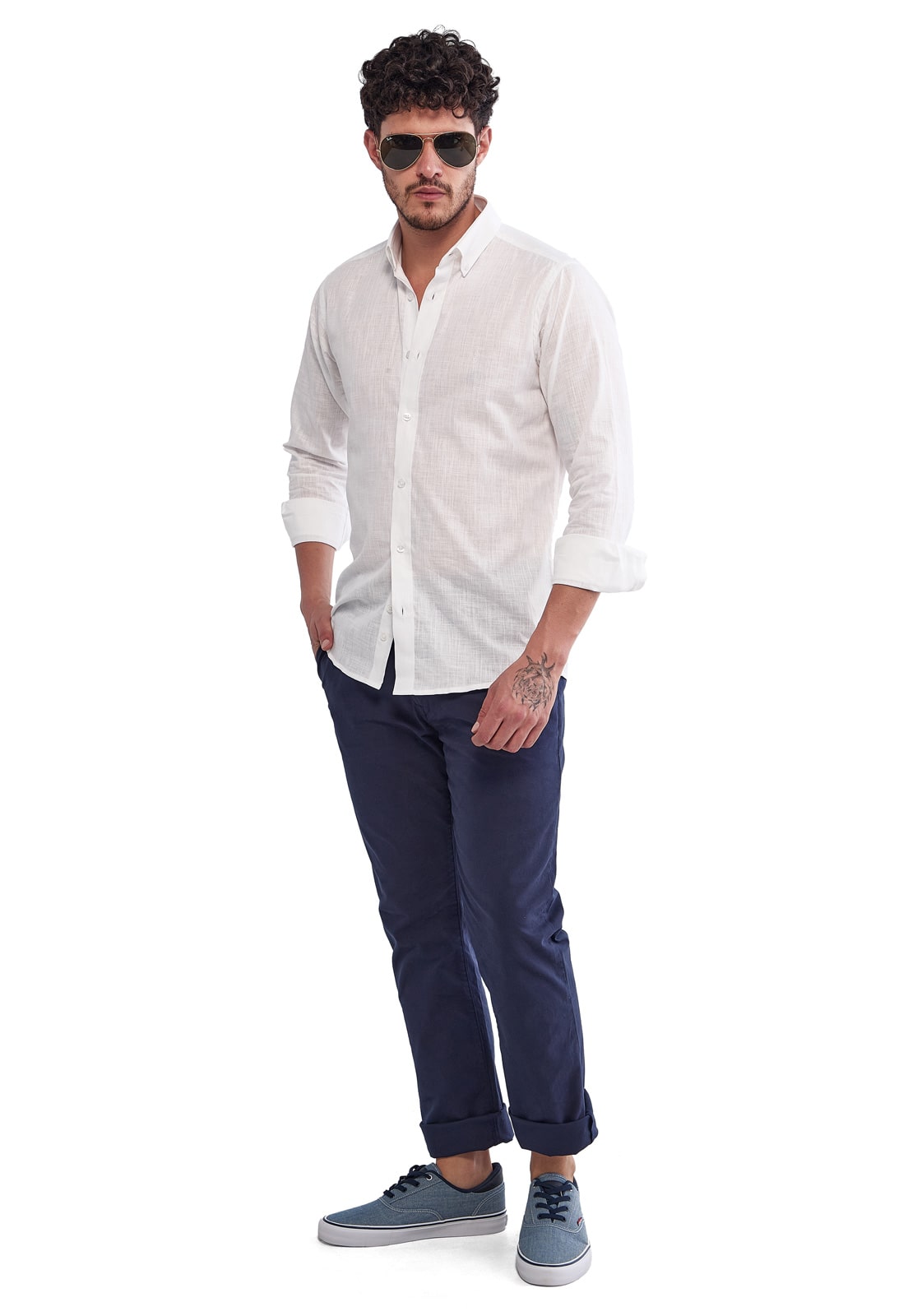 Camisa Manga Larga 100% Algodón tipo Lino Blanca