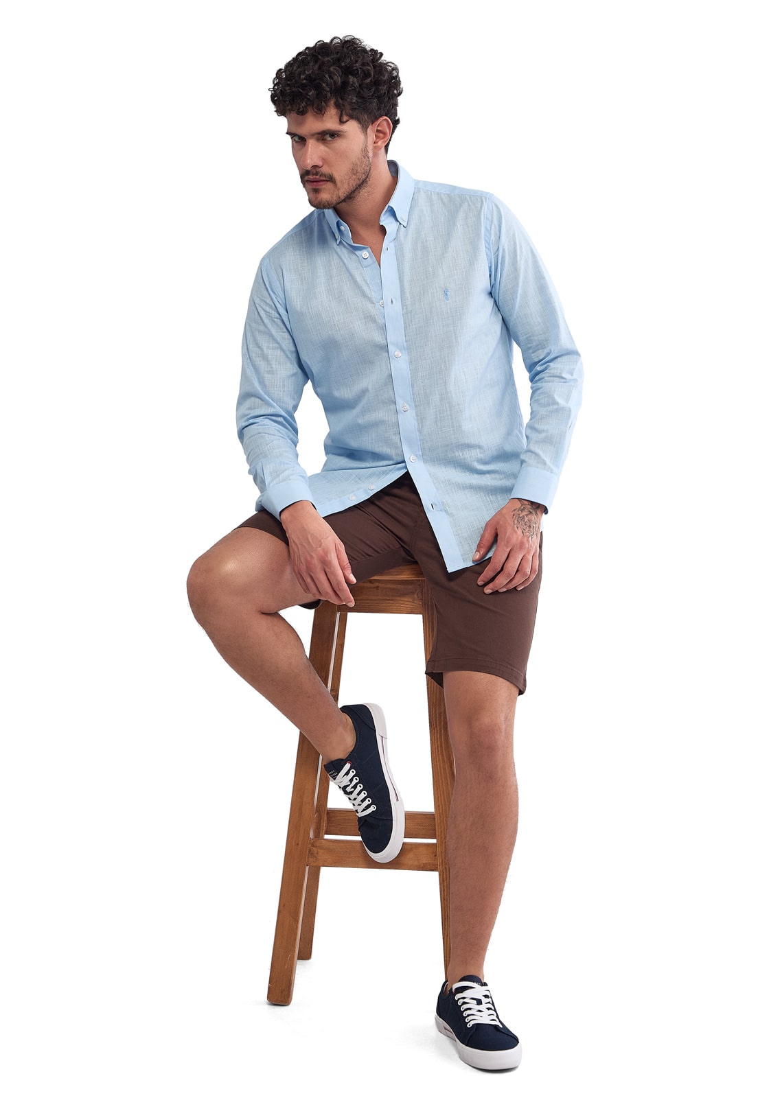 Camisa Manga Larga 100% Algodón tipo Lino Azul Claro