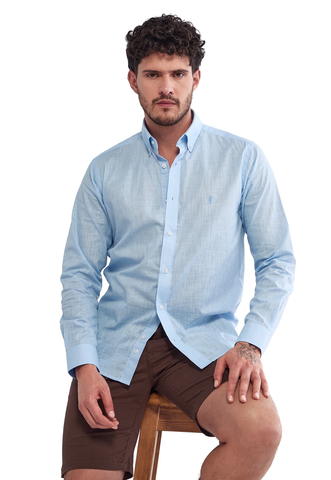 Camisa Manga Larga 100% Algodón tipo Lino Azul Claro