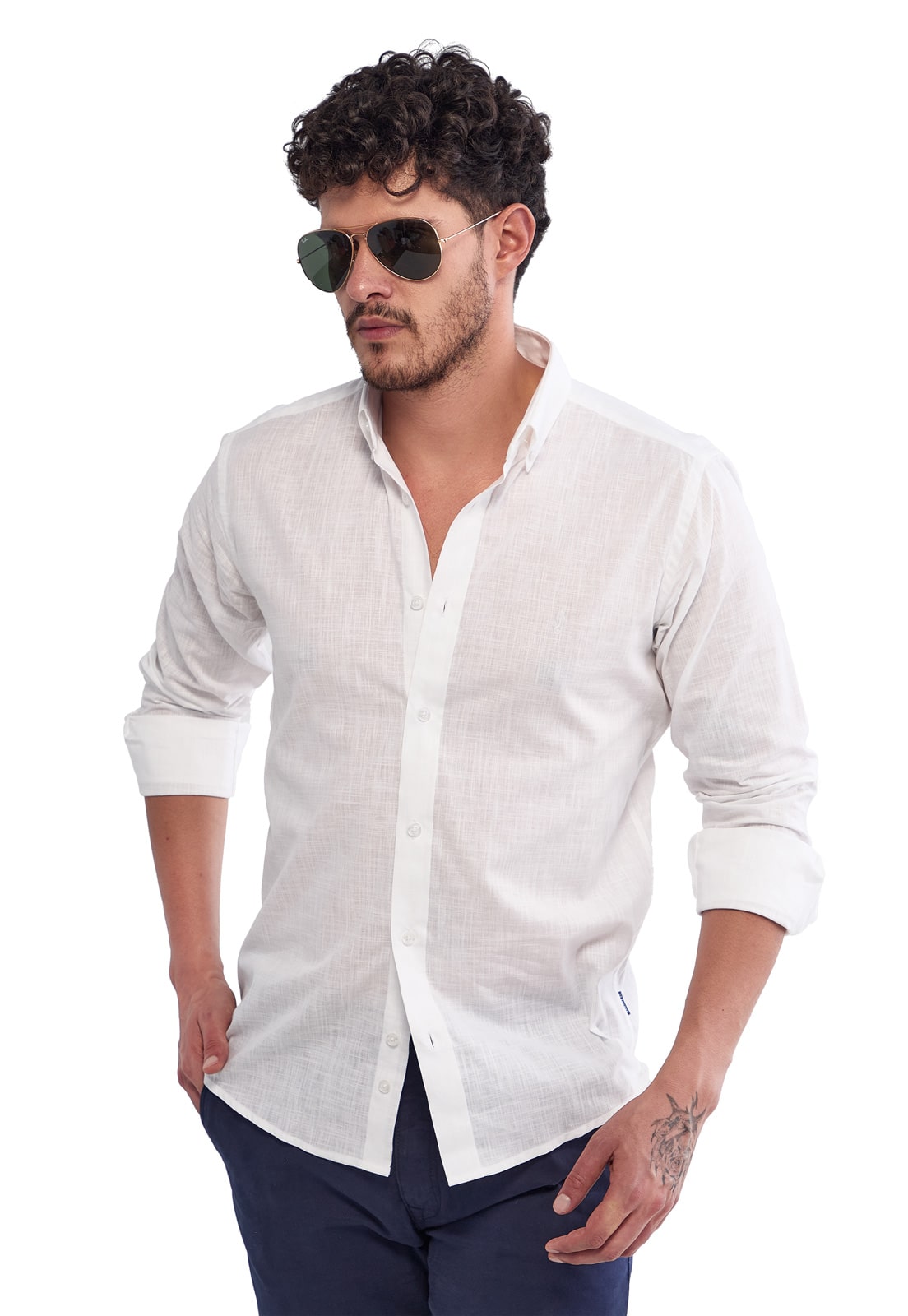 Camisa Manga Larga 100% Algodón tipo Lino Blanca