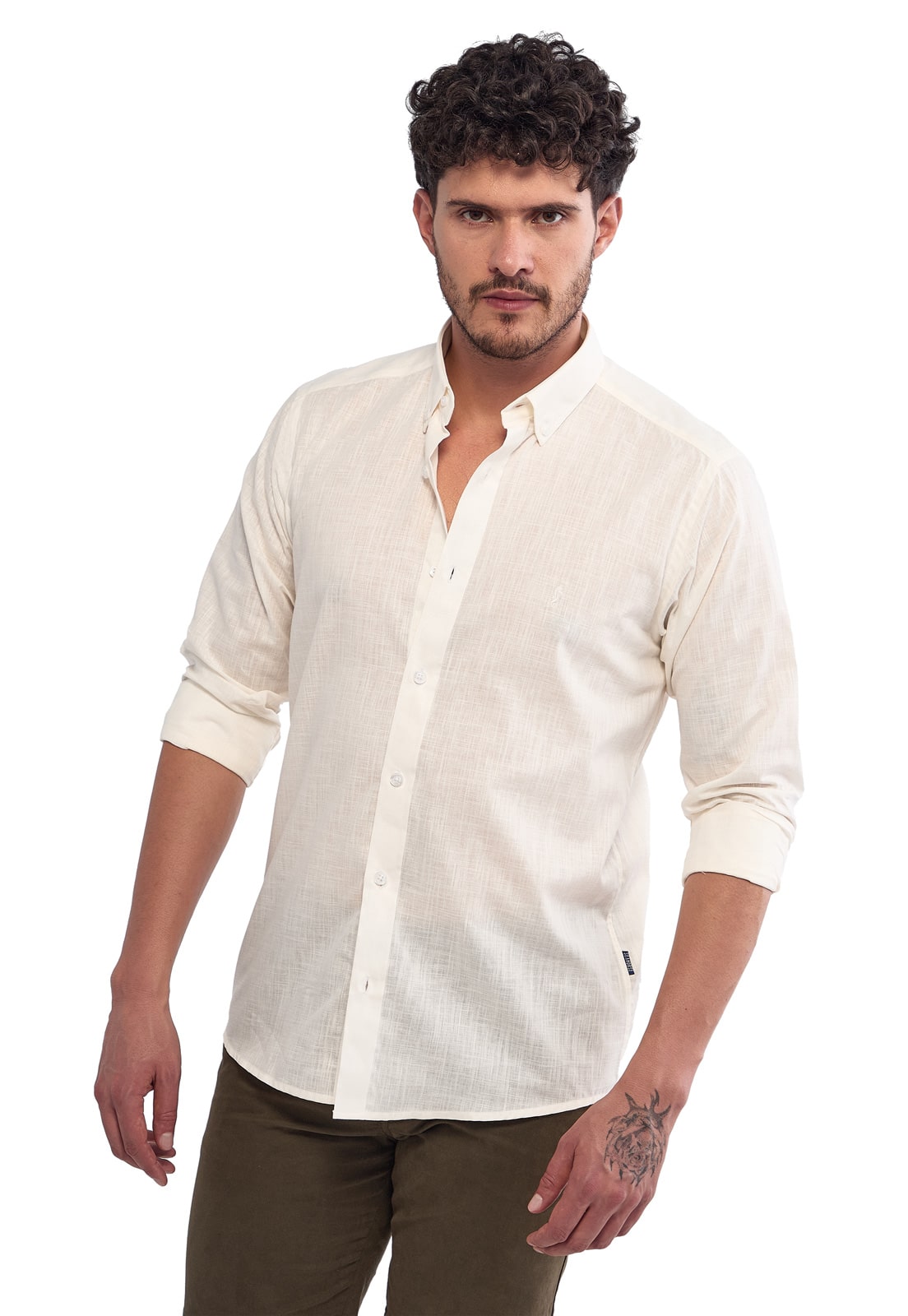 Camisa Manga Larga 100% Algodón tipo Lino Marfil