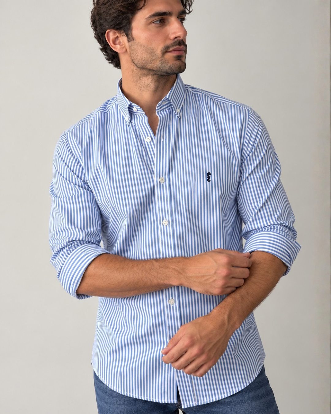 Camisa 100% Algodón Manga Larga Rayas Azul Claro