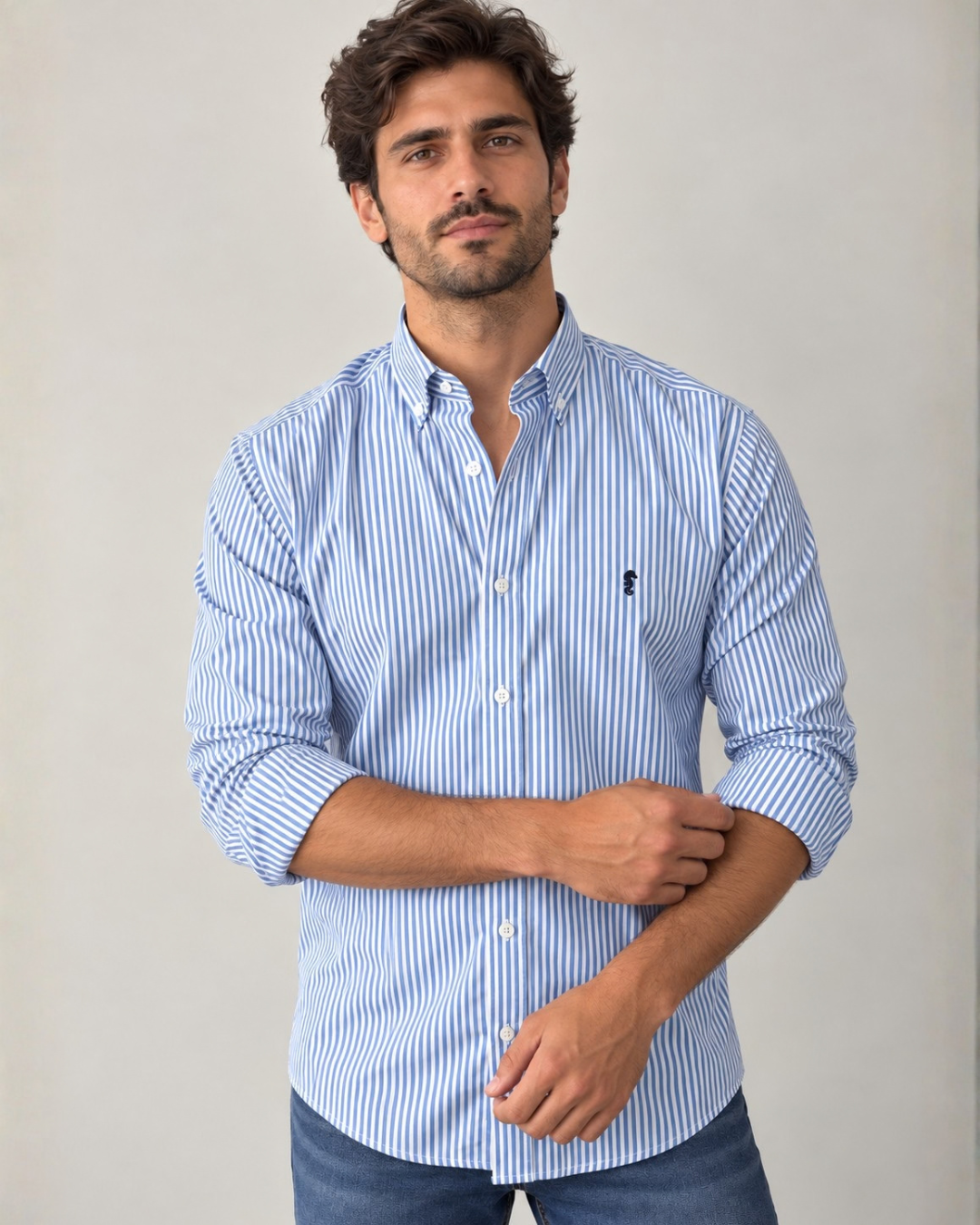 Camisa 100% Algodón Manga Larga Rayas Azul Claro