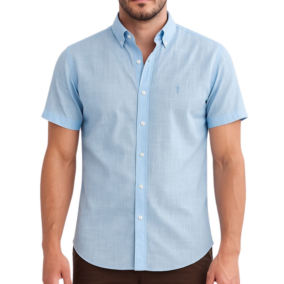 Camisa Manga Corta 100% Algodón tipo Lino Azul Claro