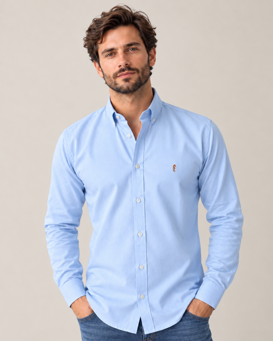 Camisa 100% Algodón Manga Larga Mini Oxford Azul Claro
