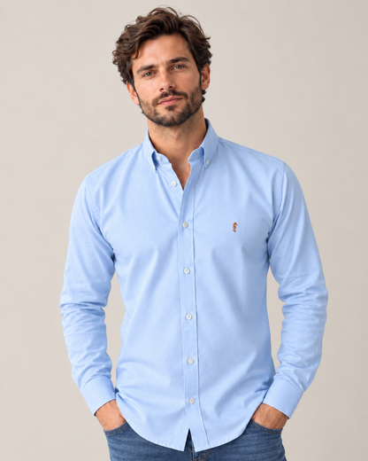 Camisa 100% Algodón Manga Larga Mini Oxford Azul Claro