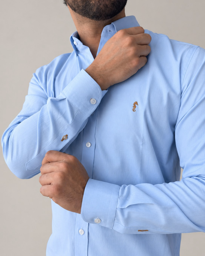 Camisa 100% Algodón Manga Larga Mini Oxford Azul Claro