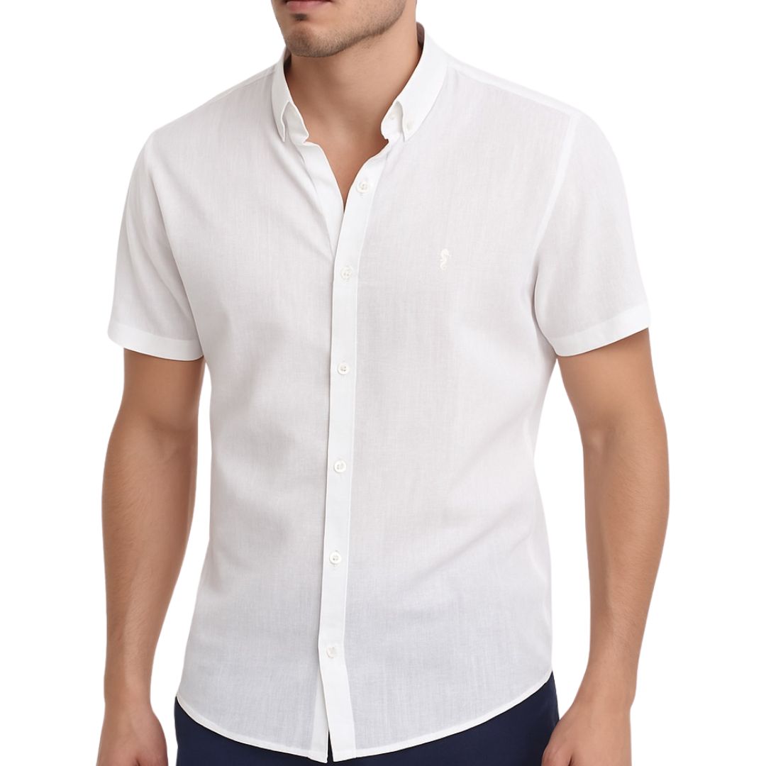 Camisa Manga Corta 100% Algodón tipo Lino Blanca