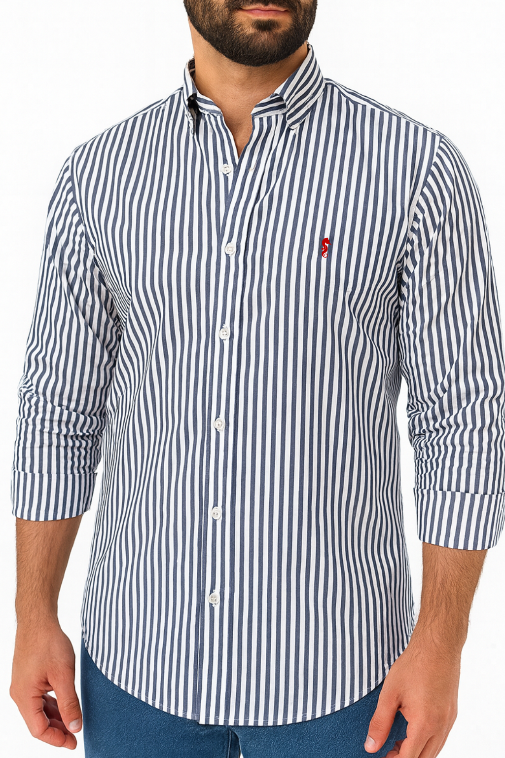 Camisa Manga Larga Maxi Rayas Azul Oscuro