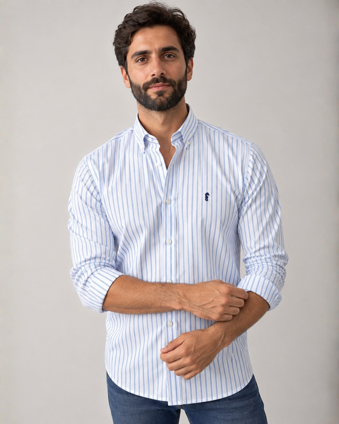 Camisa 100% Algodón Manga Larga Blanca Rayas Azules Finas