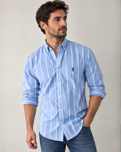 Camisa 100% Algodón Manga Larga Azul Claro Rayas Blancas Espaciadas