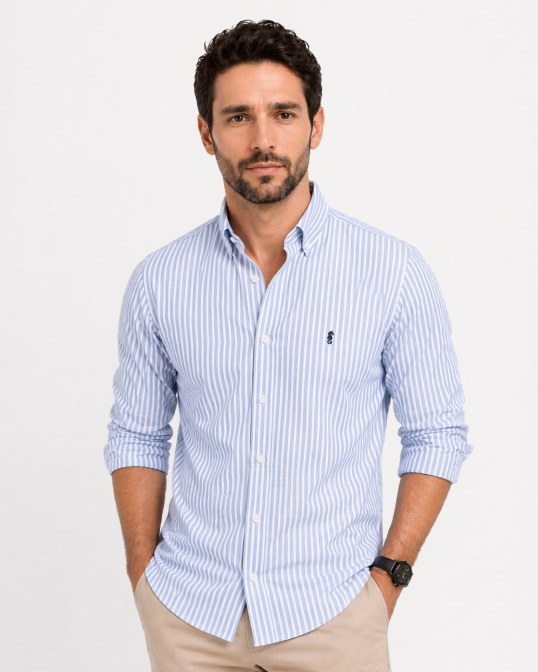 Camisa 100% Algodón Manga Larga Azul Claro Rayas Blancas