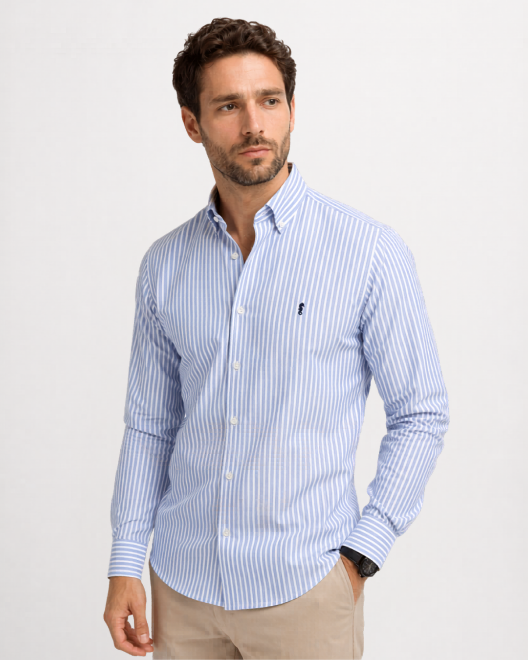 Camisa 100% Algodón Manga Larga Azul Claro Rayas Blancas